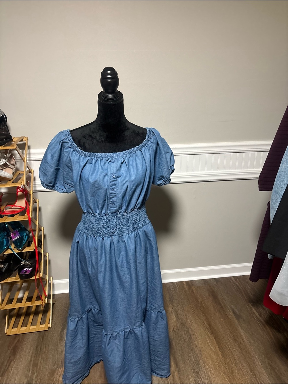 Smocked Waist Off-Shoulder Maxi Dress in Light Blue